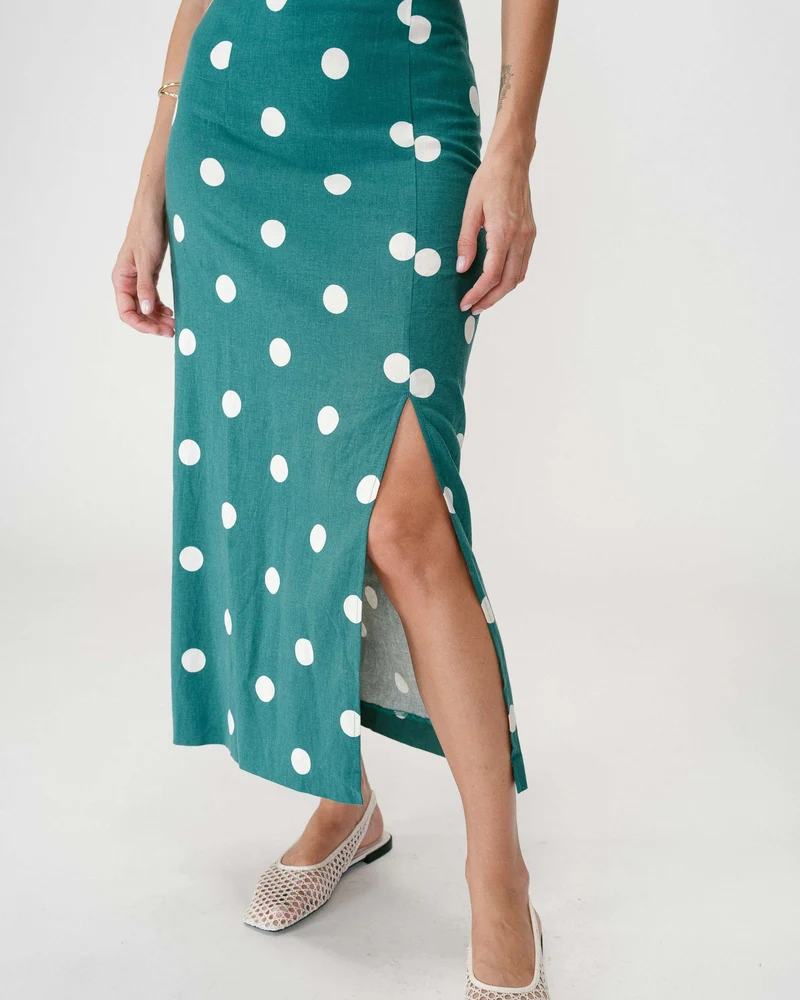 Robe longue ajustée à pois dos nu emeraude Wyella