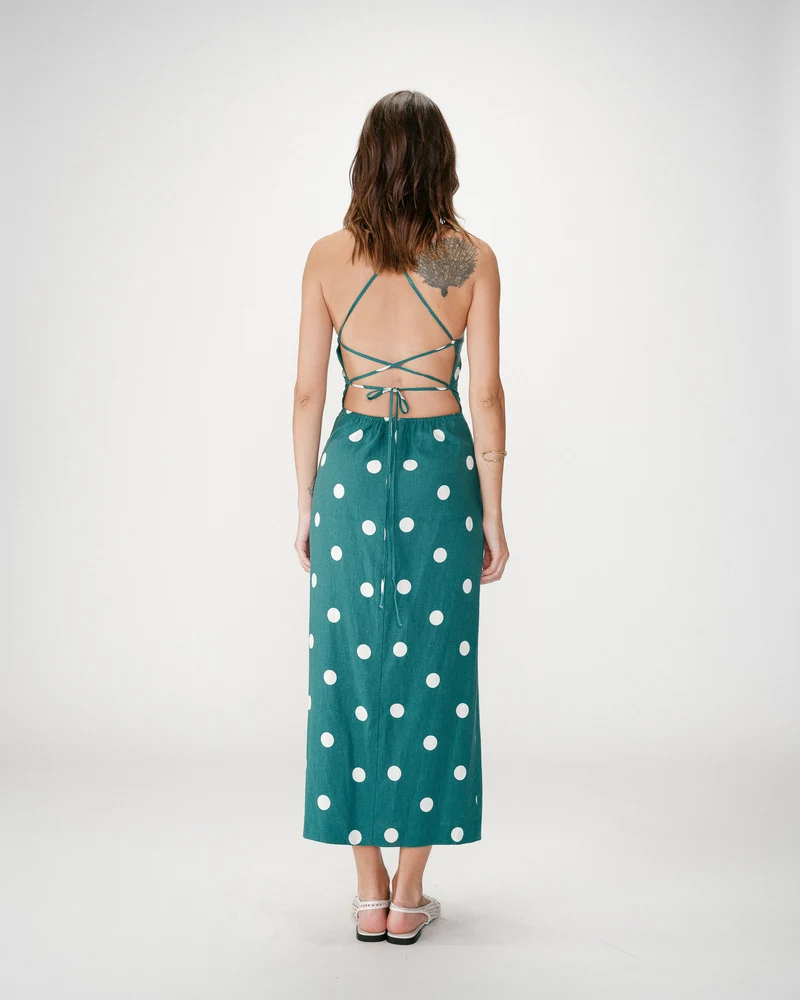 Robe longue ajustée à pois dos nu emeraude Wyella