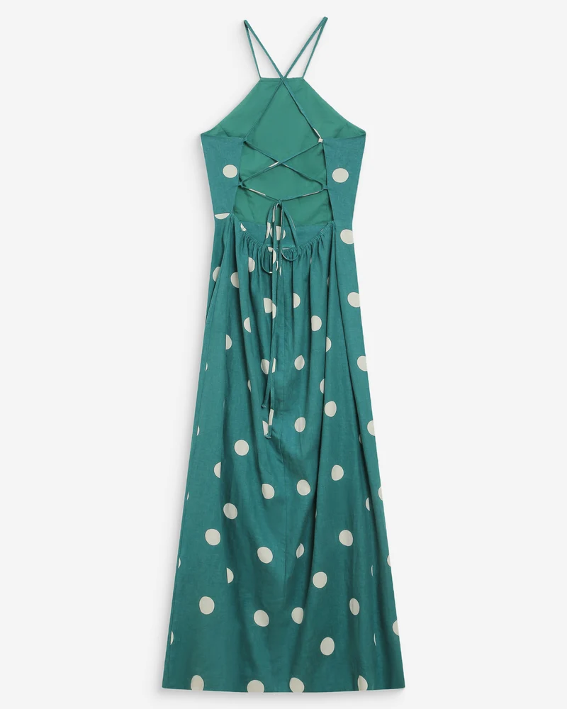 Robe longue ajustée à pois dos nu emeraude Wyella