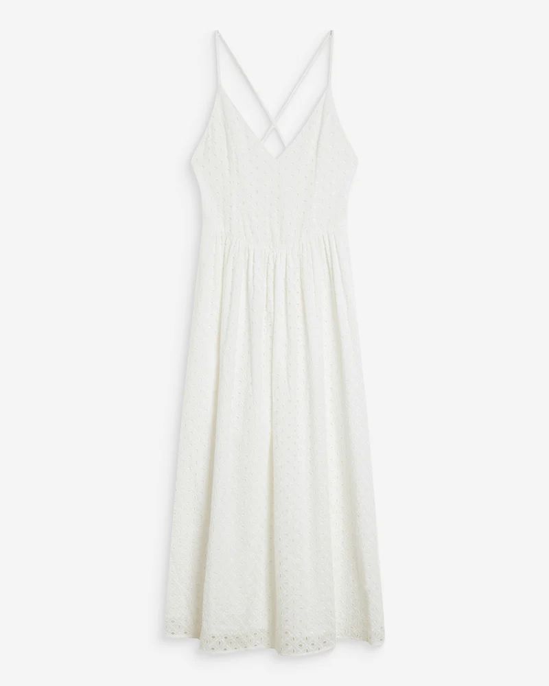 Robe longue évasée col V en broderie anglaise white Wimala