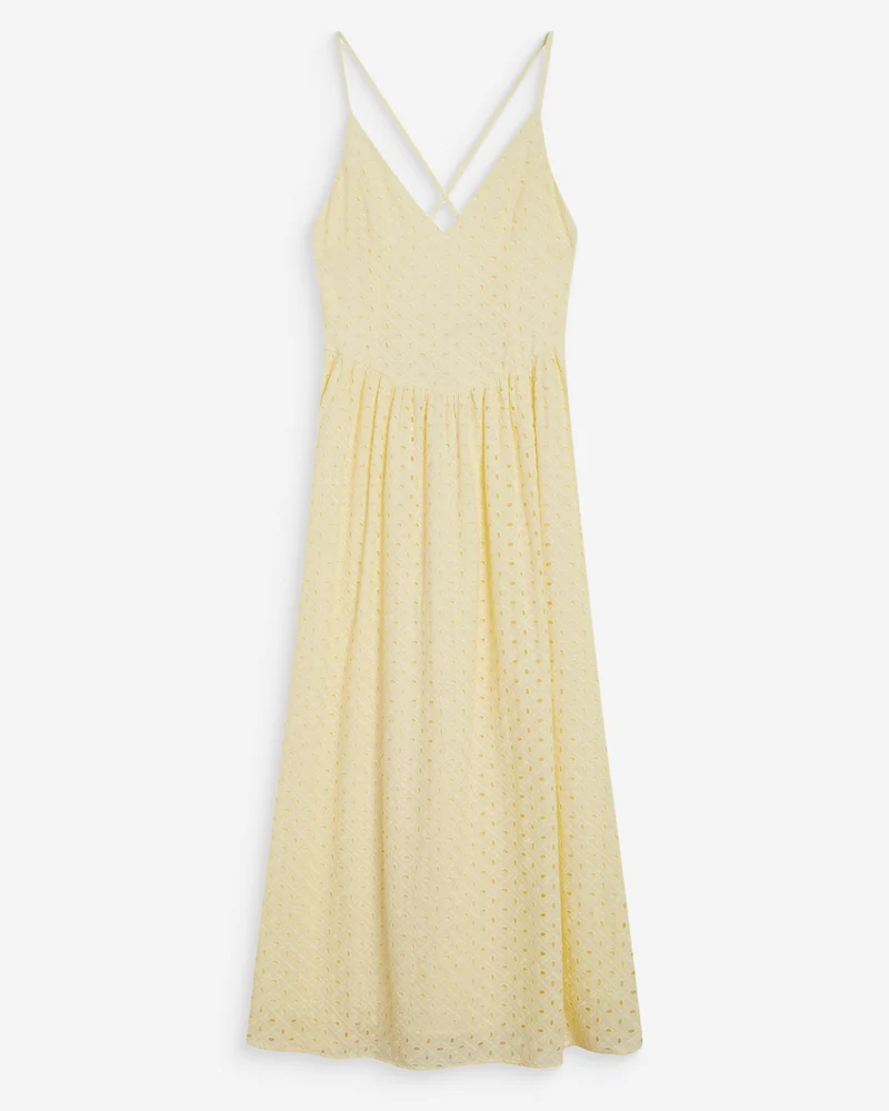 Robe longue évasée col V en broderie anglaise jaune Wimala