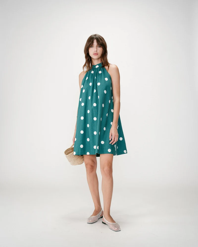 Robe courte à pois évasée sans manches emeraude Warna