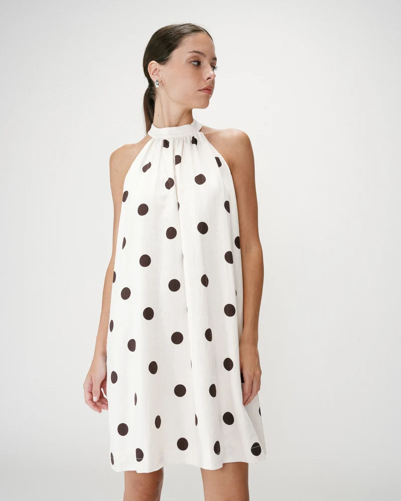 Robe courte à pois évasée sans manches ecru Warna