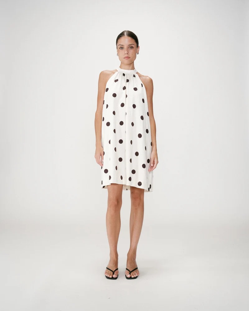Robe courte à pois évasée sans manches ecru Warna