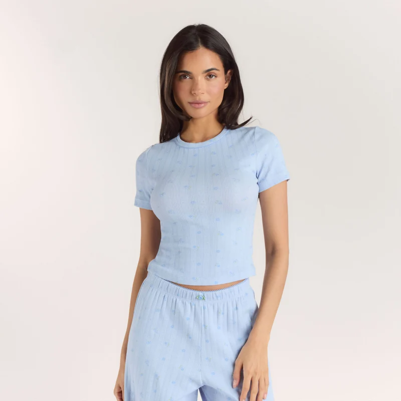 Haut de Pyjama Ajusté en Pointelle - Bleu Floral