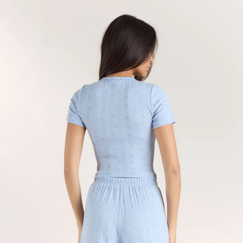 Haut de Pyjama Ajusté en Pointelle - Bleu Floral