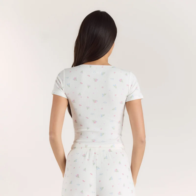 Haut de Pyjama Court Côtelé - Blanc Floral