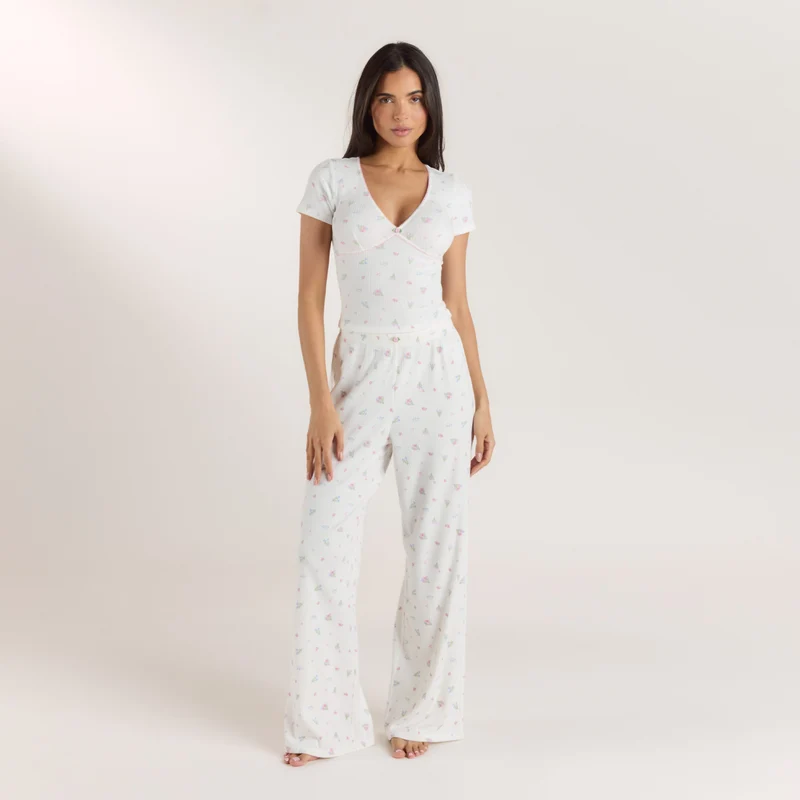 Haut de Pyjama Court Côtelé - Blanc Floral
