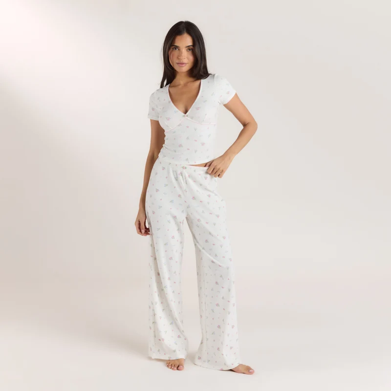 Pantalon de Pyjama Côtelé - Blanc Floral