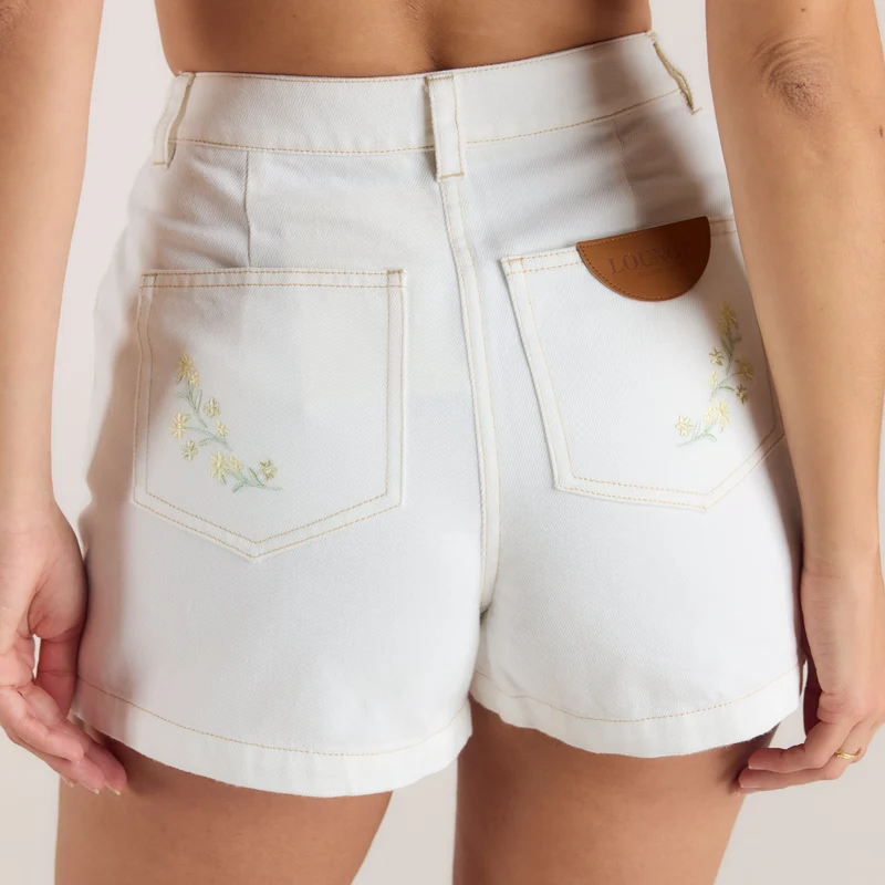 Short en Jean Brodé - Blanc