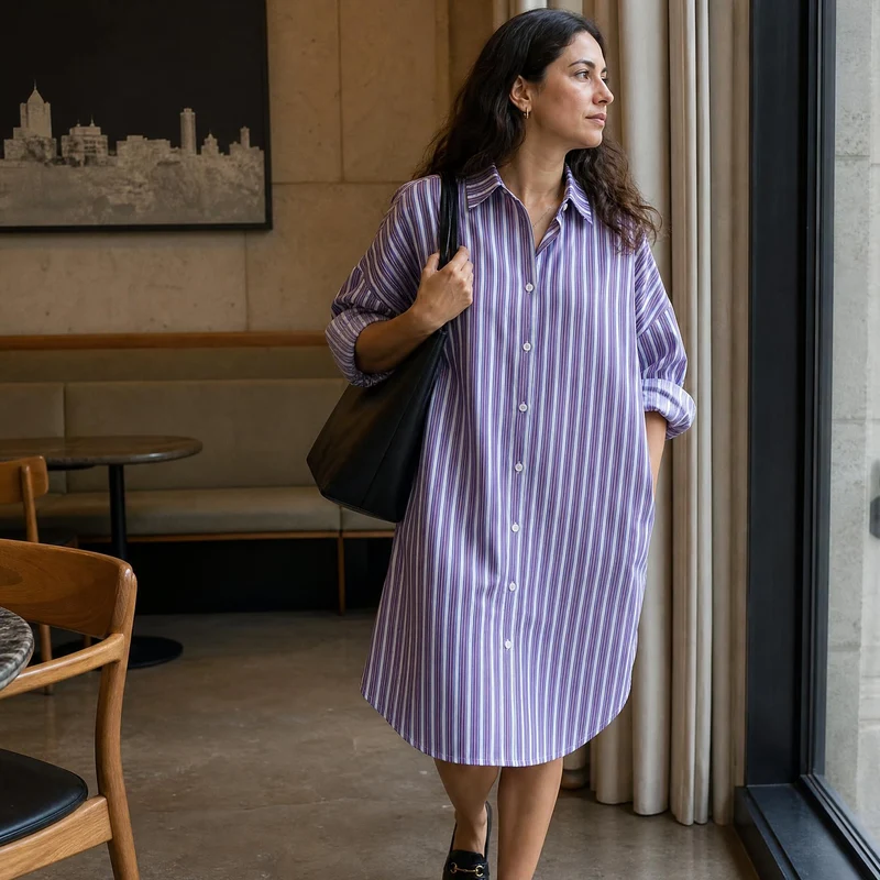 Tissu en coton tissé teint pour chemise, fabriqué en Italie | Rayures multiples mauves et bleues