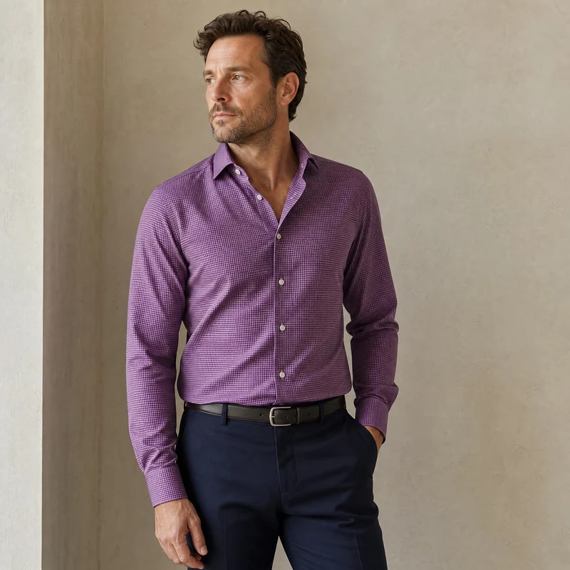 Tissu en coton tissé teint pour chemise | Fabriqué en Italie | Micro-Carreaux Mauves & Noirs