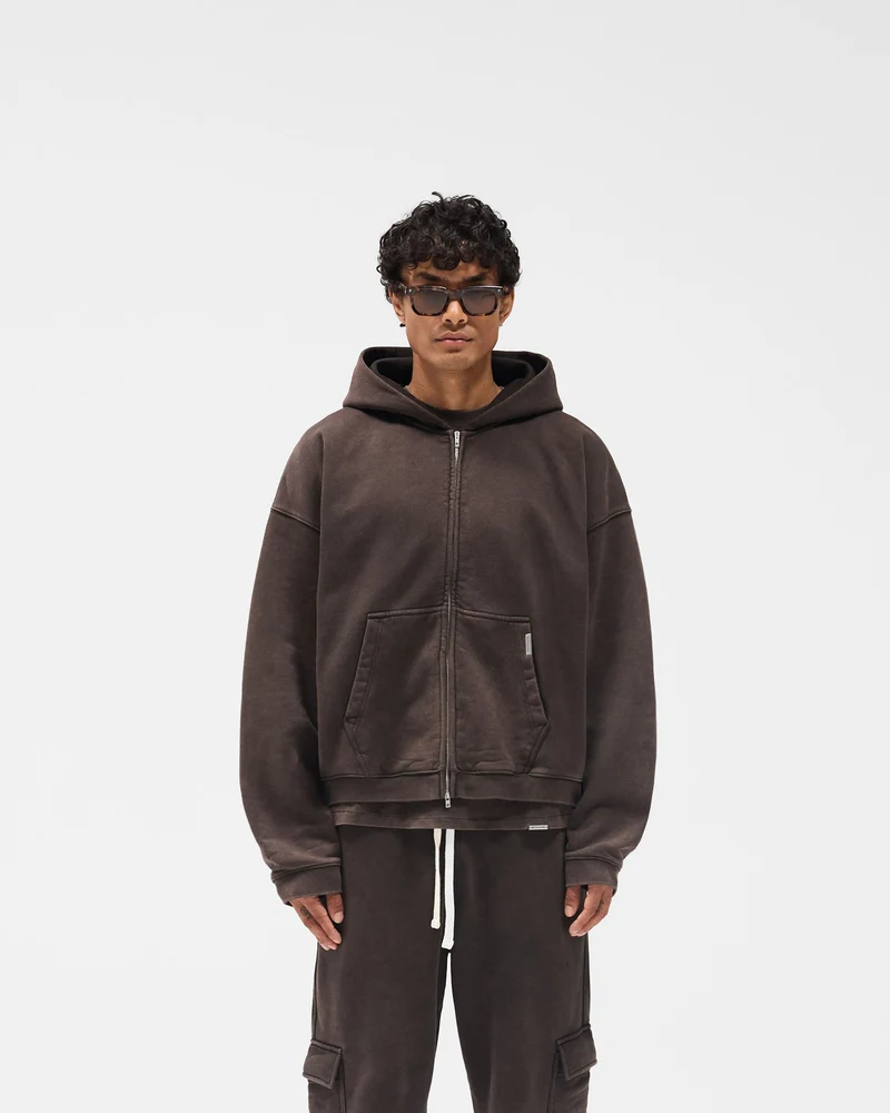 Initial Boxy Zip Through Hoodie - Coffee