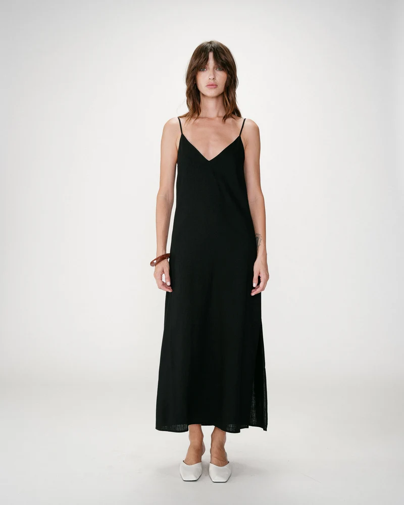 Robe longue en lin col V dos nu à nouer noir Wendra