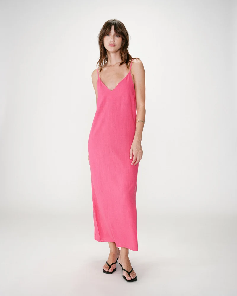 Robe longue en lin col V dos nu à nouer fuchsia Wendra