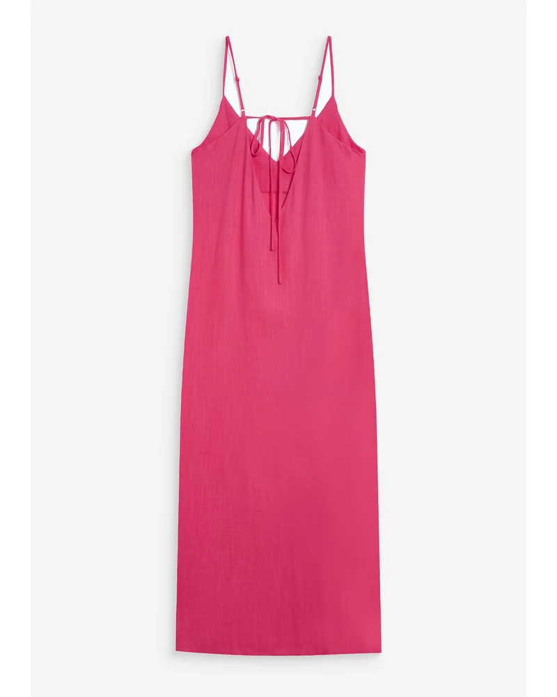 Robe longue en lin col V dos nu à nouer fuchsia Wendra