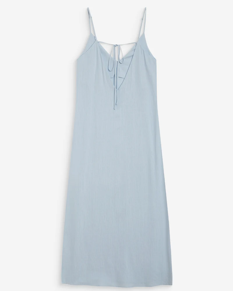 Robe longue en lin col V dos nu à nouer ciel Wendra