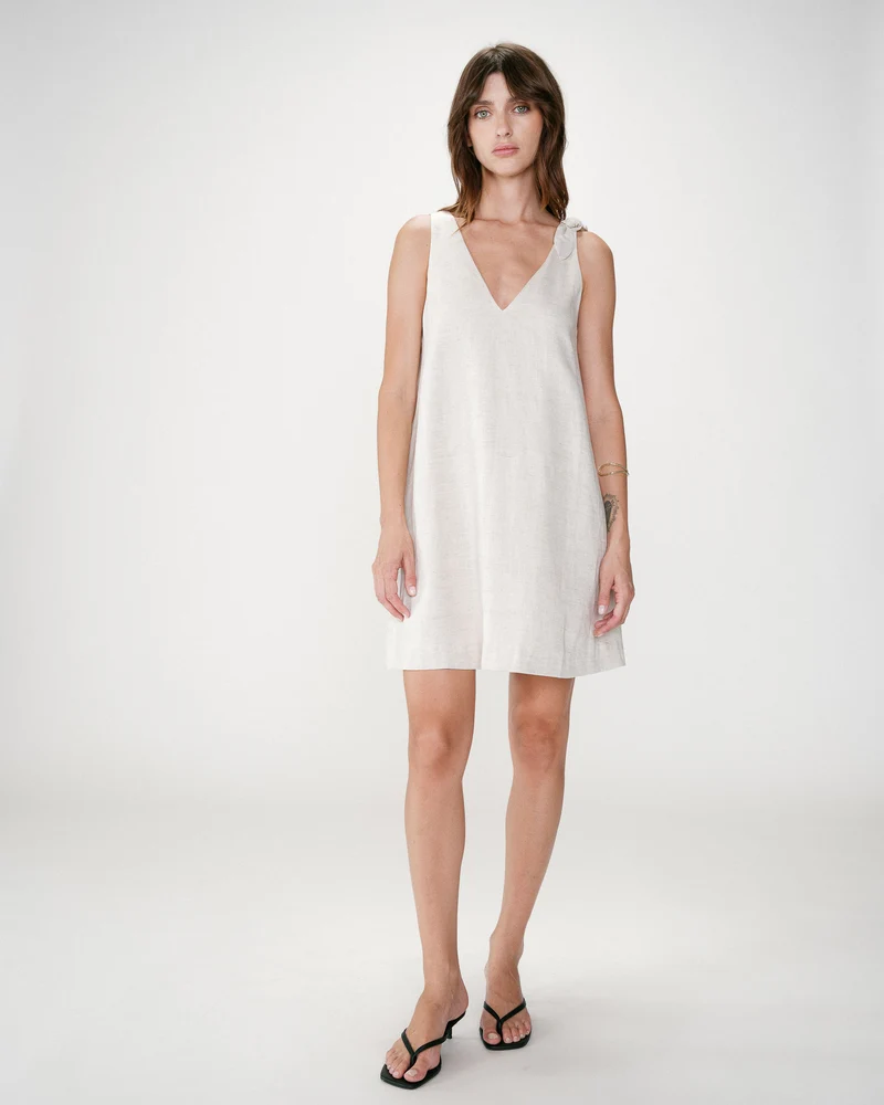 Robe courte évasée en lin col V sable Wynette