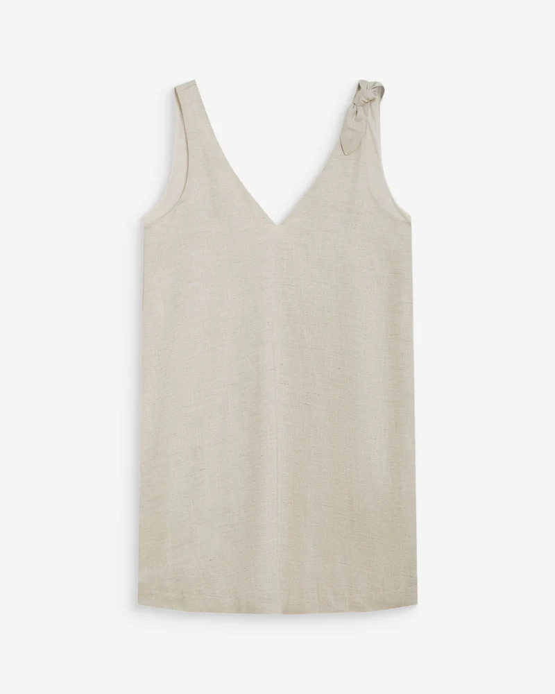 Robe courte évasée en lin col V sable Wynette