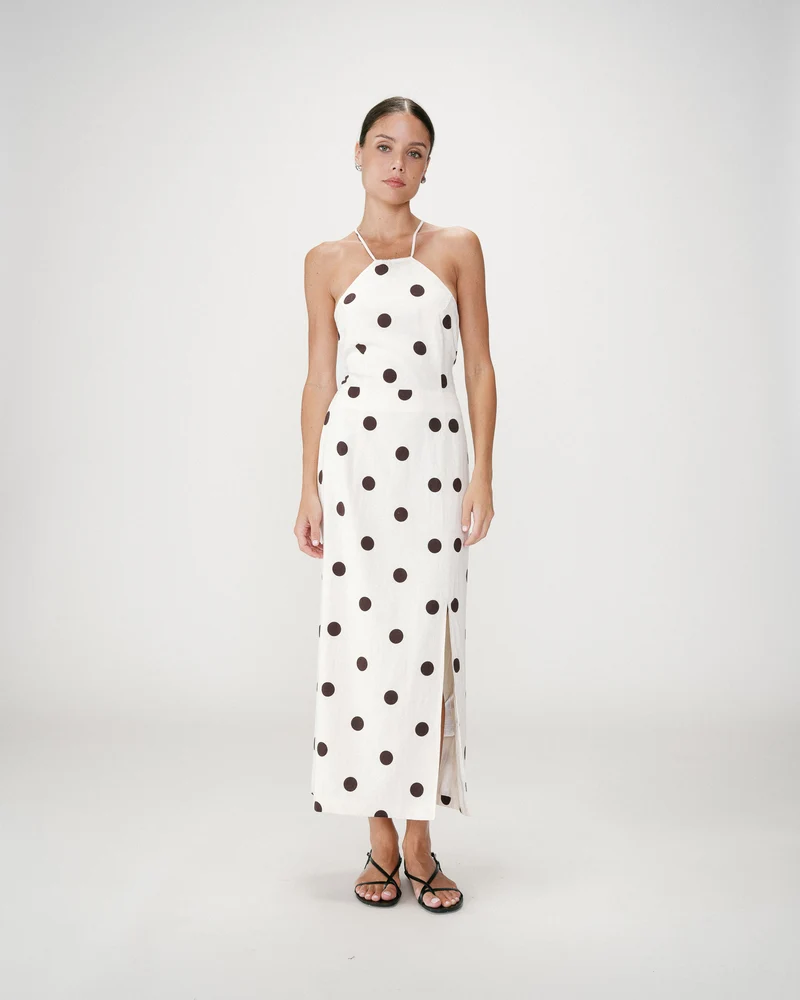 Robe longue ajustée à pois dos nu ecru Wyella