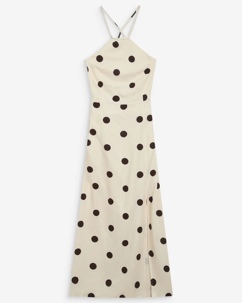 Robe longue ajustée à pois dos nu ecru Wyella