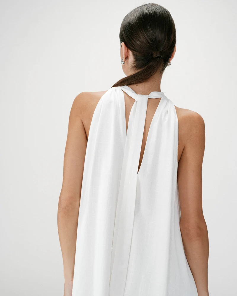 Robe courte évasée en lin dos à nouer white Whola