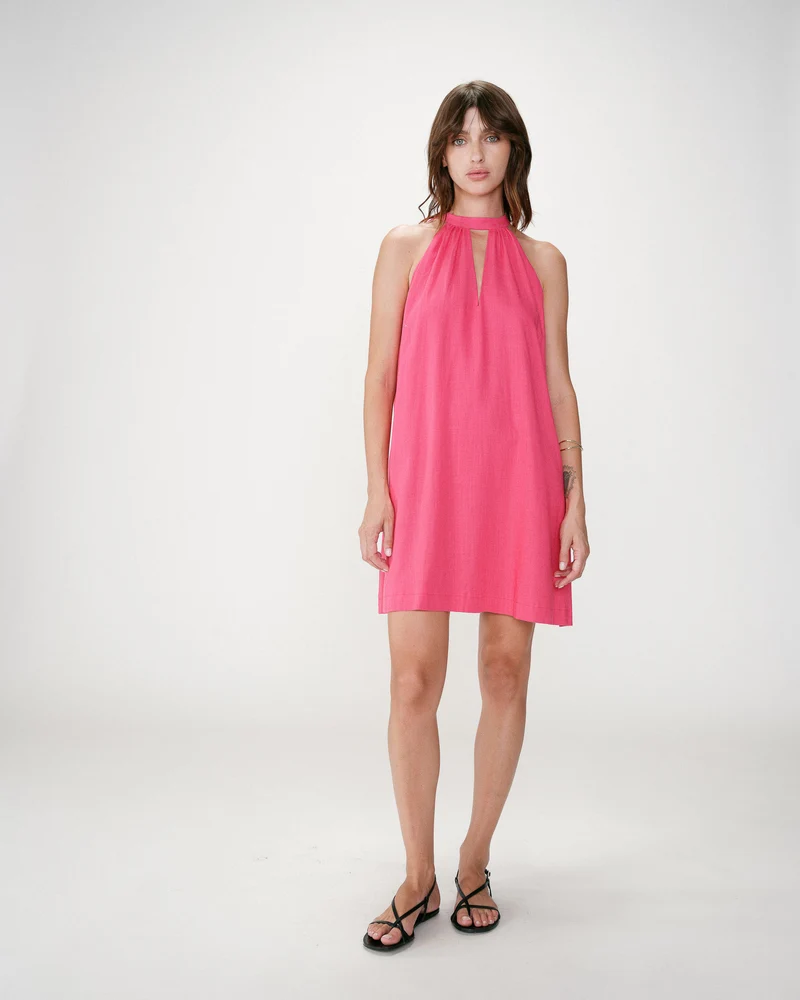Robe courte évasée en lin dos à nouer fuchsia Whola