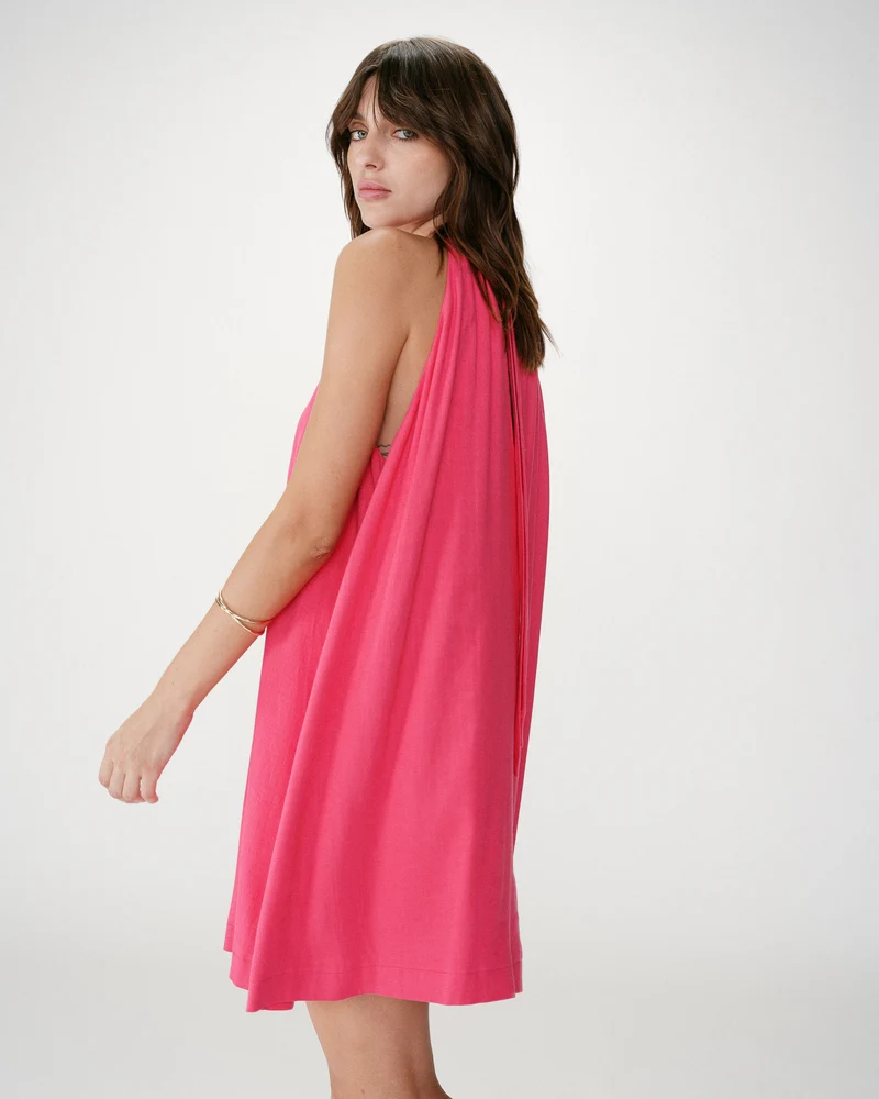Robe courte évasée en lin dos à nouer fuchsia Whola