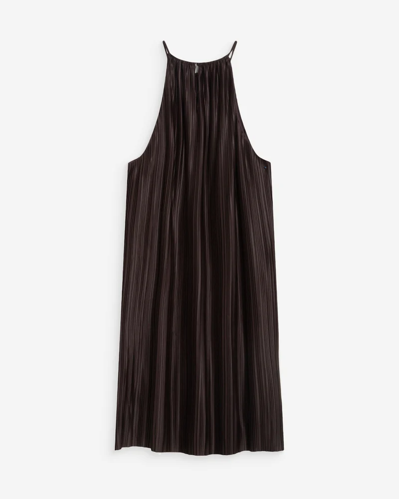 Robe courte plissée à encolure américaine chocolat Wilona