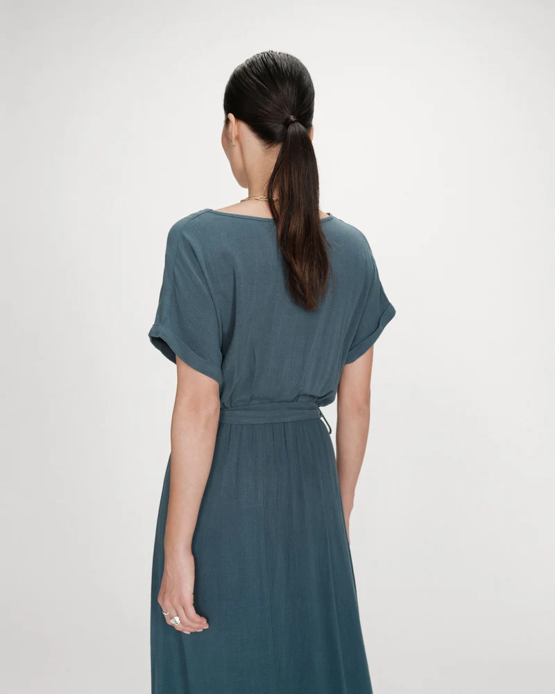 Robe longue portefeuille ceinturée emeraude Pollen