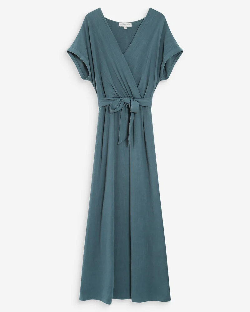 Robe longue portefeuille ceinturée emeraude Pollen