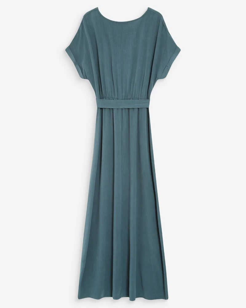 Robe longue portefeuille ceinturée emeraude Pollen