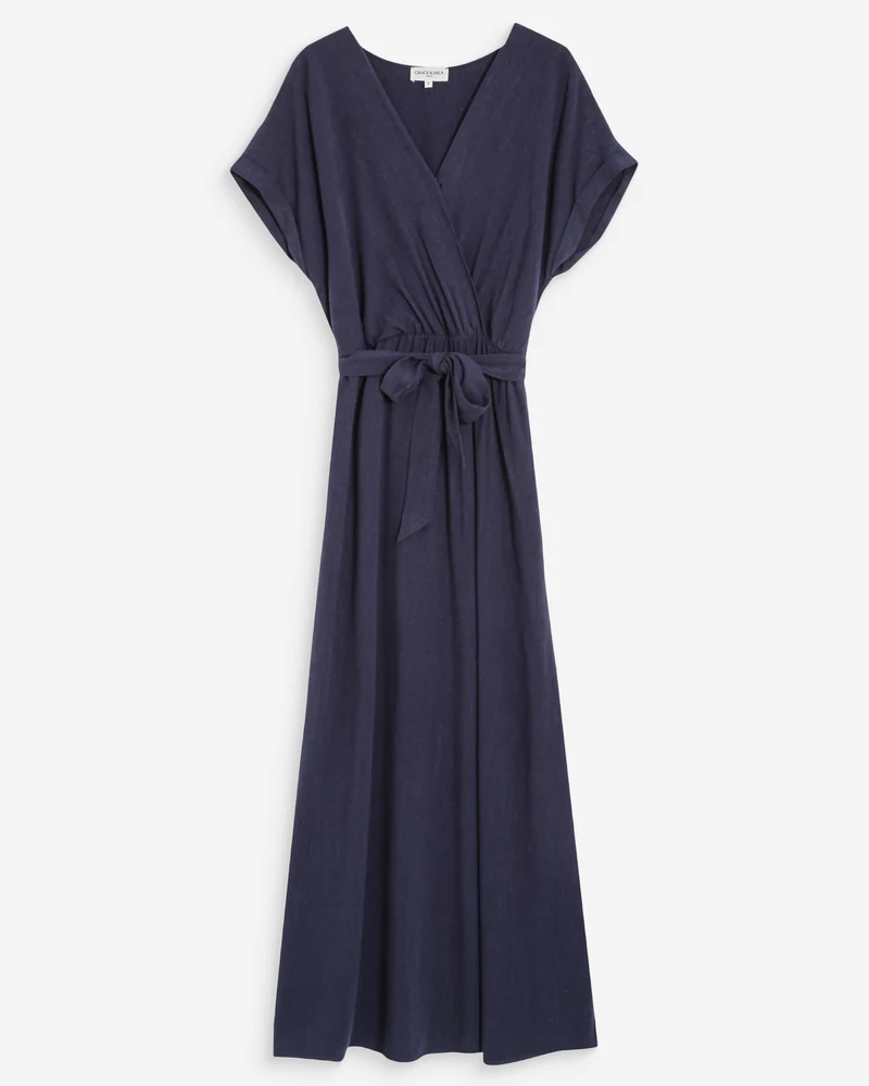 Robe longue portefeuille ceinturée marine Pollen