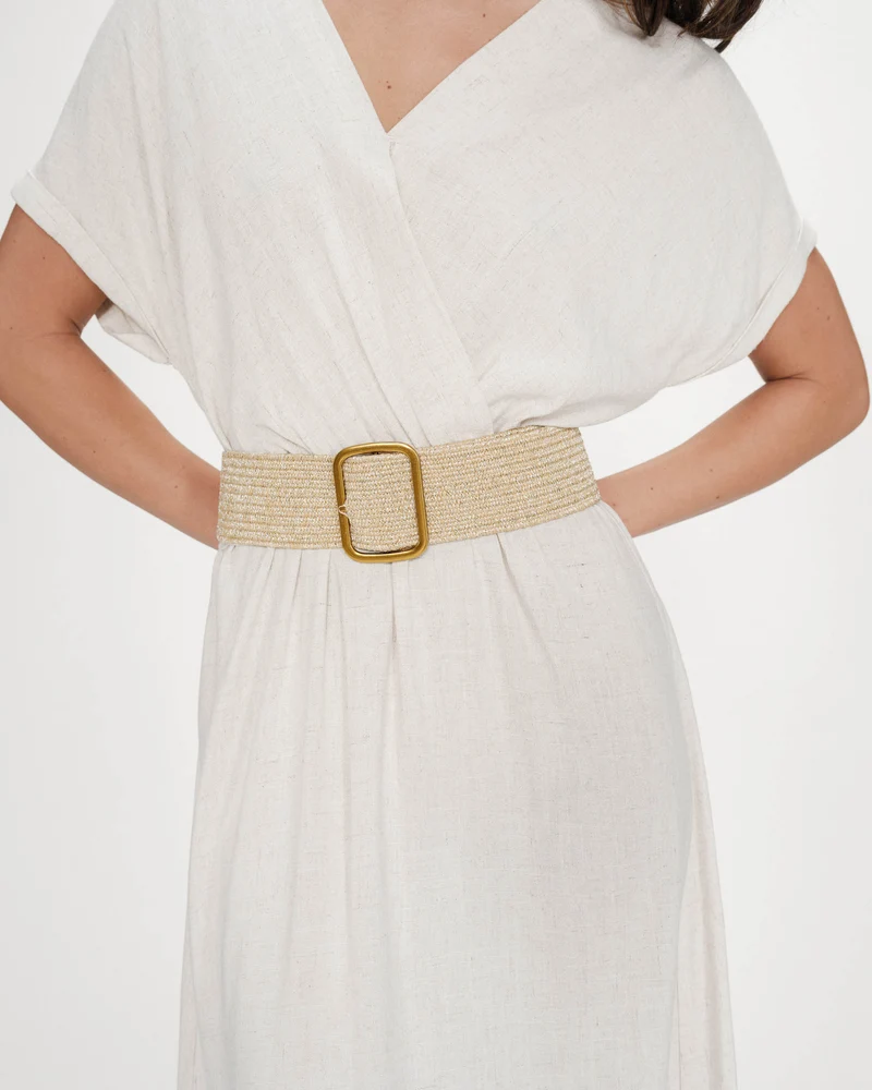 Robe longue portefeuille ceinturée sable Pollen