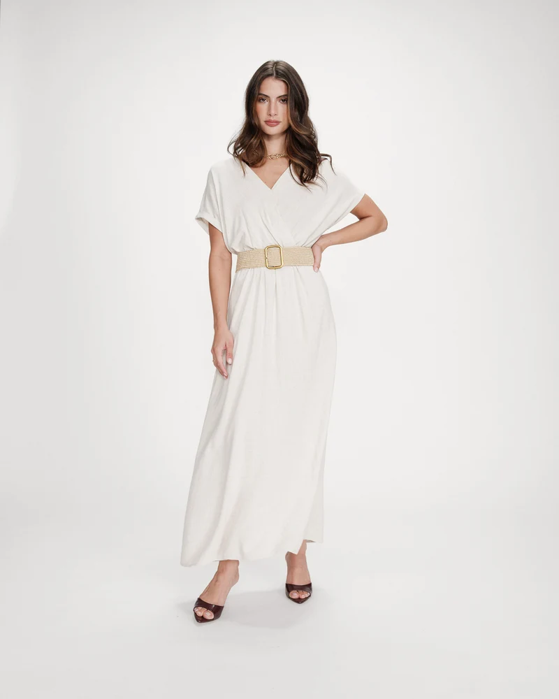 Robe longue portefeuille ceinturée sable Pollen