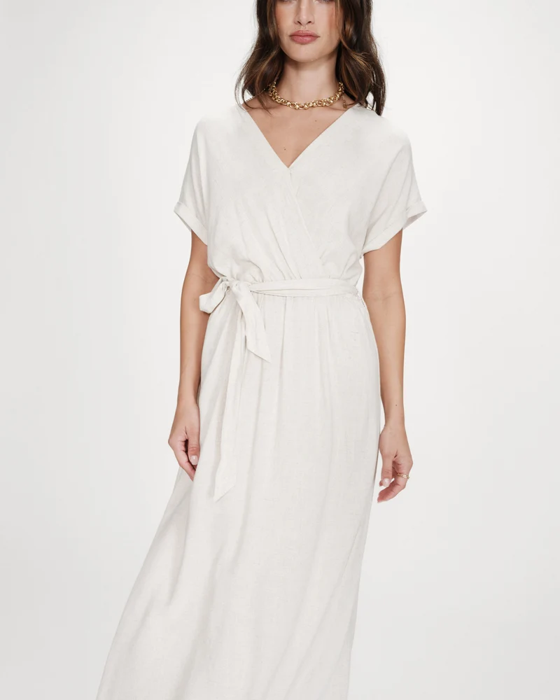 Robe longue portefeuille ceinturée sable Pollen