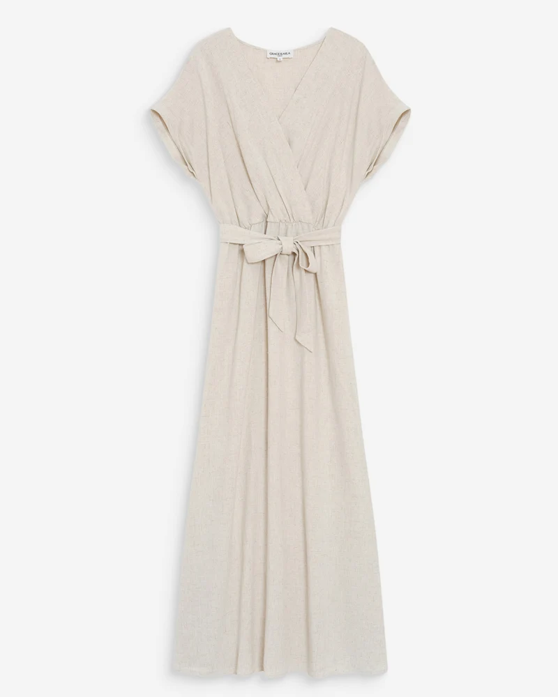Robe longue portefeuille ceinturée sable Pollen