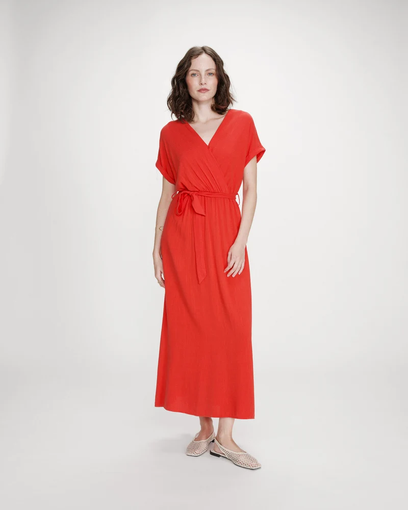 Robe longue portefeuille ceinturée sanguine Pollen