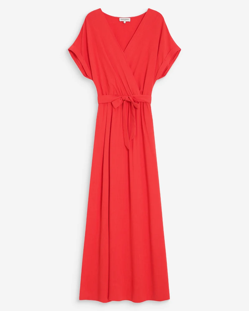 Robe longue portefeuille ceinturée sanguine Pollen