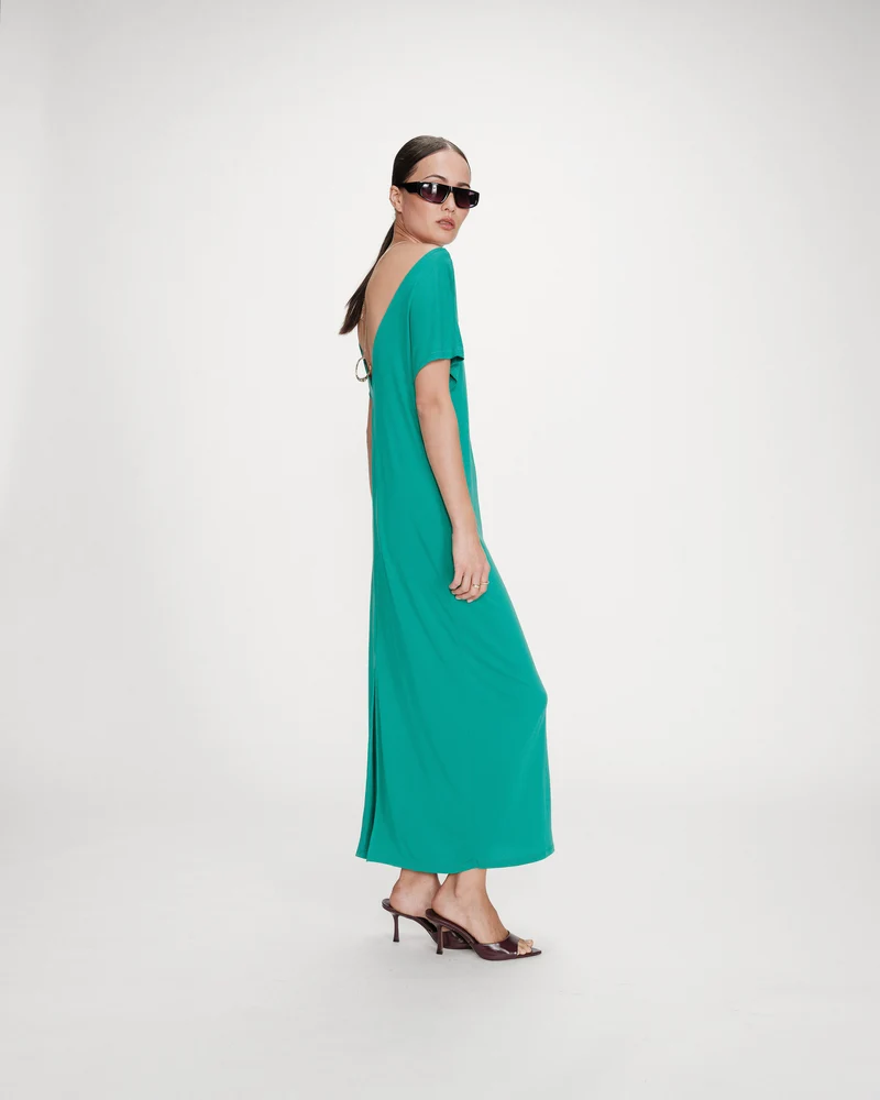 Robe longue légère en modal manches courtes vert Peace