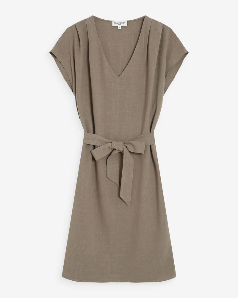 Robe courte fluide col V manches courtes kaki Marilou
