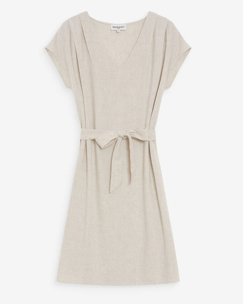 Robe courte fluide col V manches courtes sable Marilou