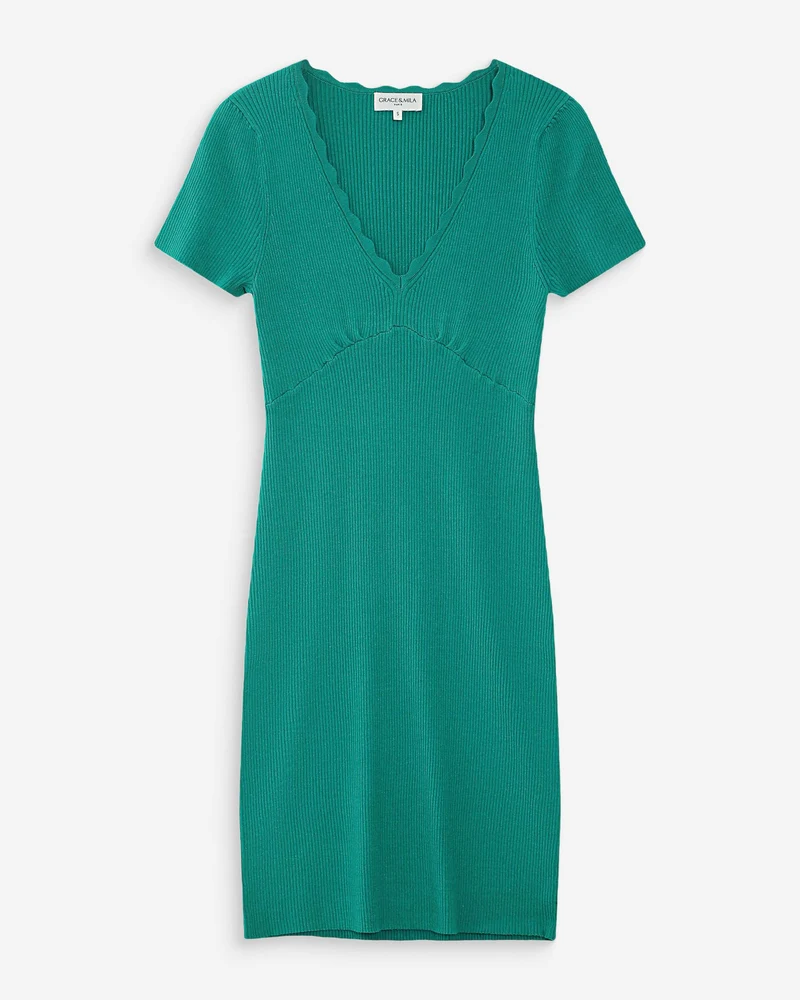 Robe courte ajustée en maille à col V vert Valeriane