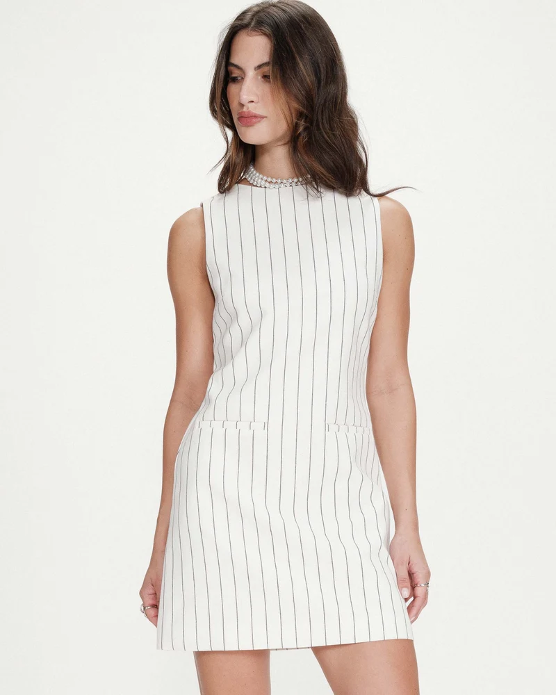 Robe courte droite rayée en lin nouée au dos white Vea