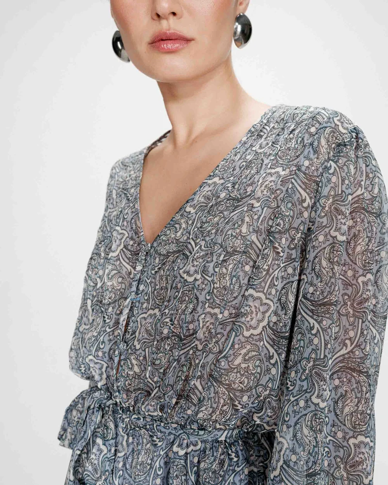 Robe courte évasée col V manches longues ciel Violette
