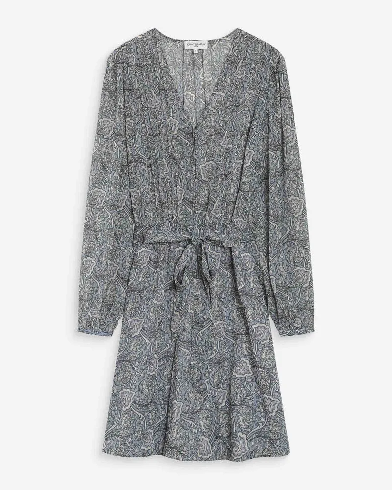 Robe courte évasée col V manches longues ciel Violette