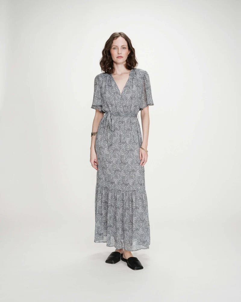 Robe longue évasée imprimé cachemire bohème ciel Venelle