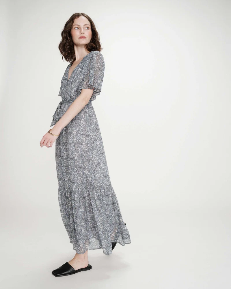Robe longue évasée imprimé cachemire bohème ciel Venelle