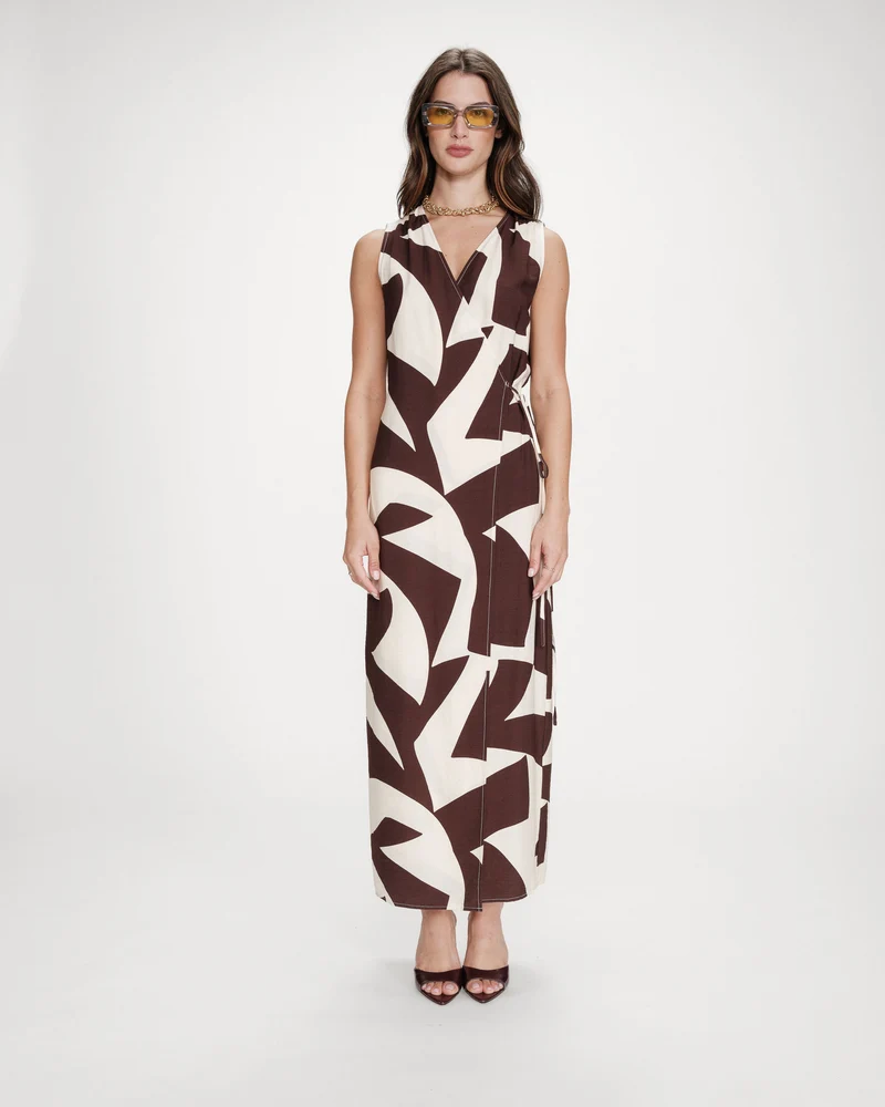 Robe portefeuille imprimé géométrique chocolat Velline