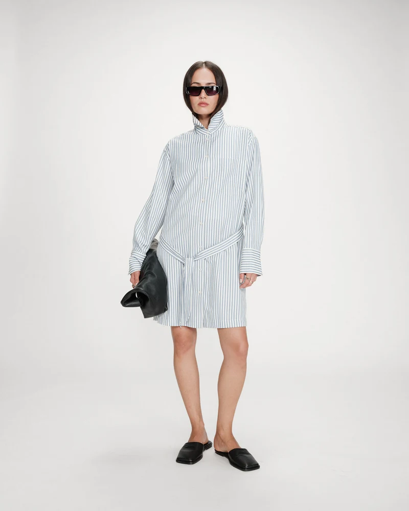 Robe chemise courte à rayures ceinturée bleuet Visery